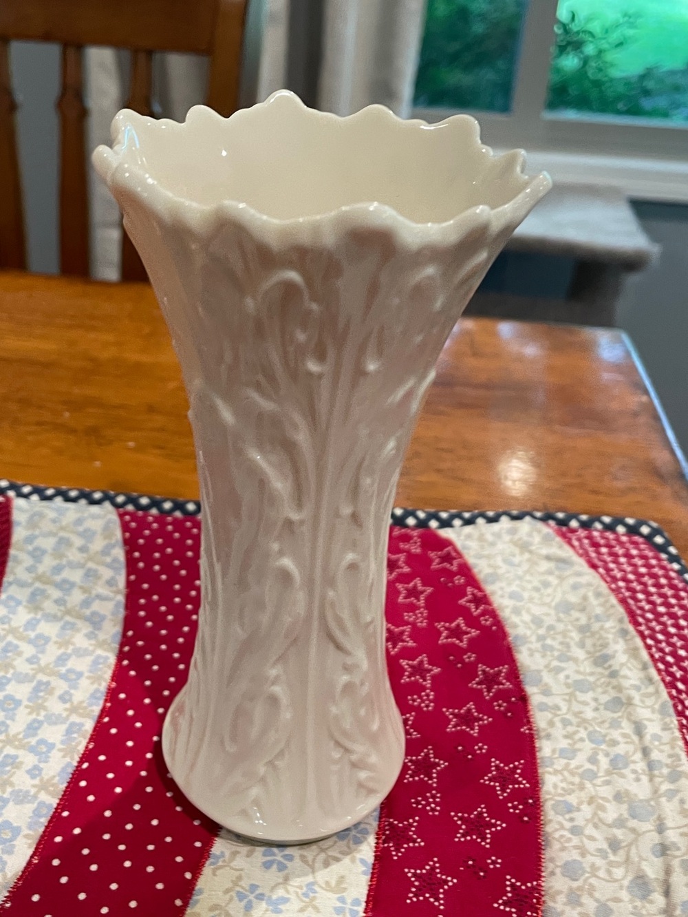 Lenox White Scalloped Ceramic Vase with Embossed Swirl Pattern